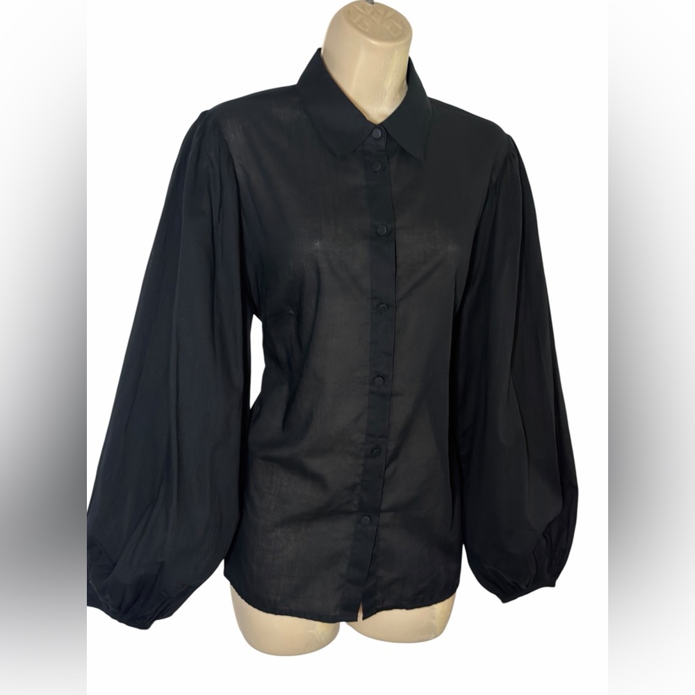 Banana Republic Cotton Voile Black Women's  Shirt Plated Balloon Sleeve L NEW - Picture 10 of 16